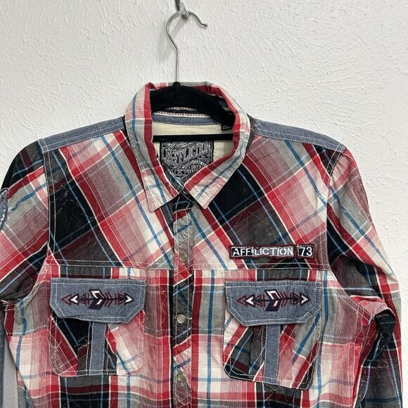 Affliction Pearl Snap Embroidered Red Plaid Western Shirt Elbow Patch Women’s L - Picture 2 of 11